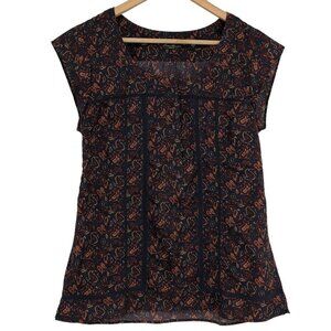 Eddie Bauer Navy burgundy Paisley cap sleeve button front lace cutout blouse Med